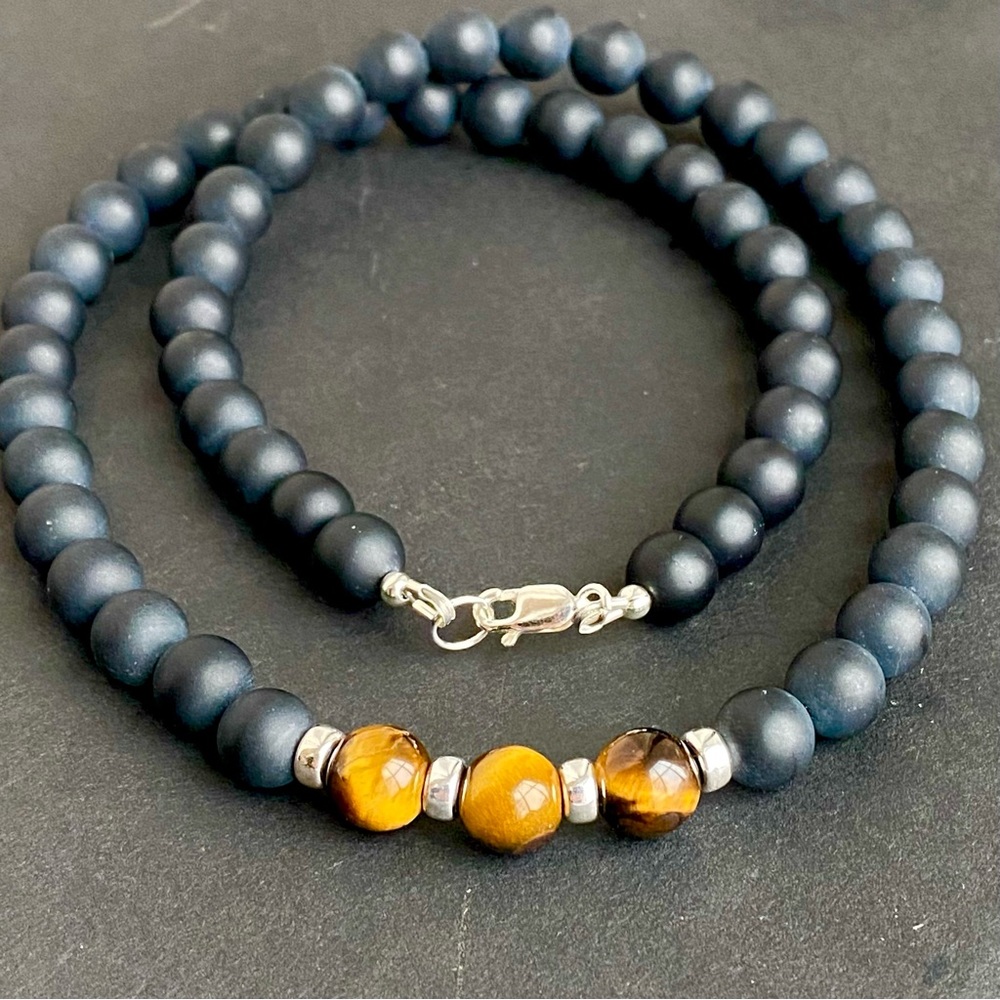 Mens Tiger’s Eye Necklace Black Onyx sterling silver beaded